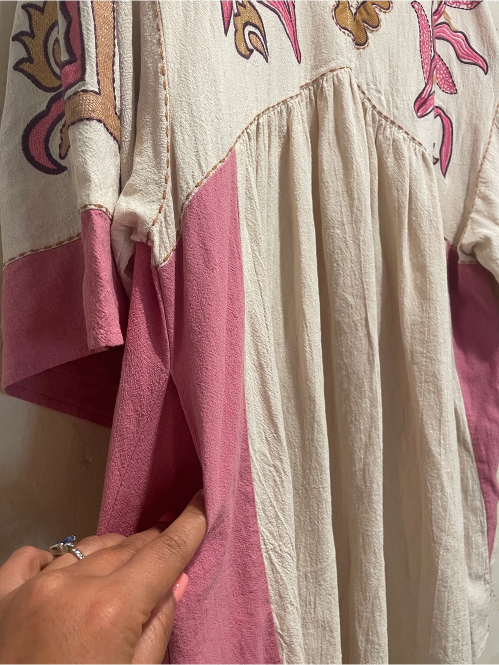 EASEL Boho Embroidered V-Neck Women’s Tunic Dress in Cream Apricot and Pink Larg - Picture 7 of 12